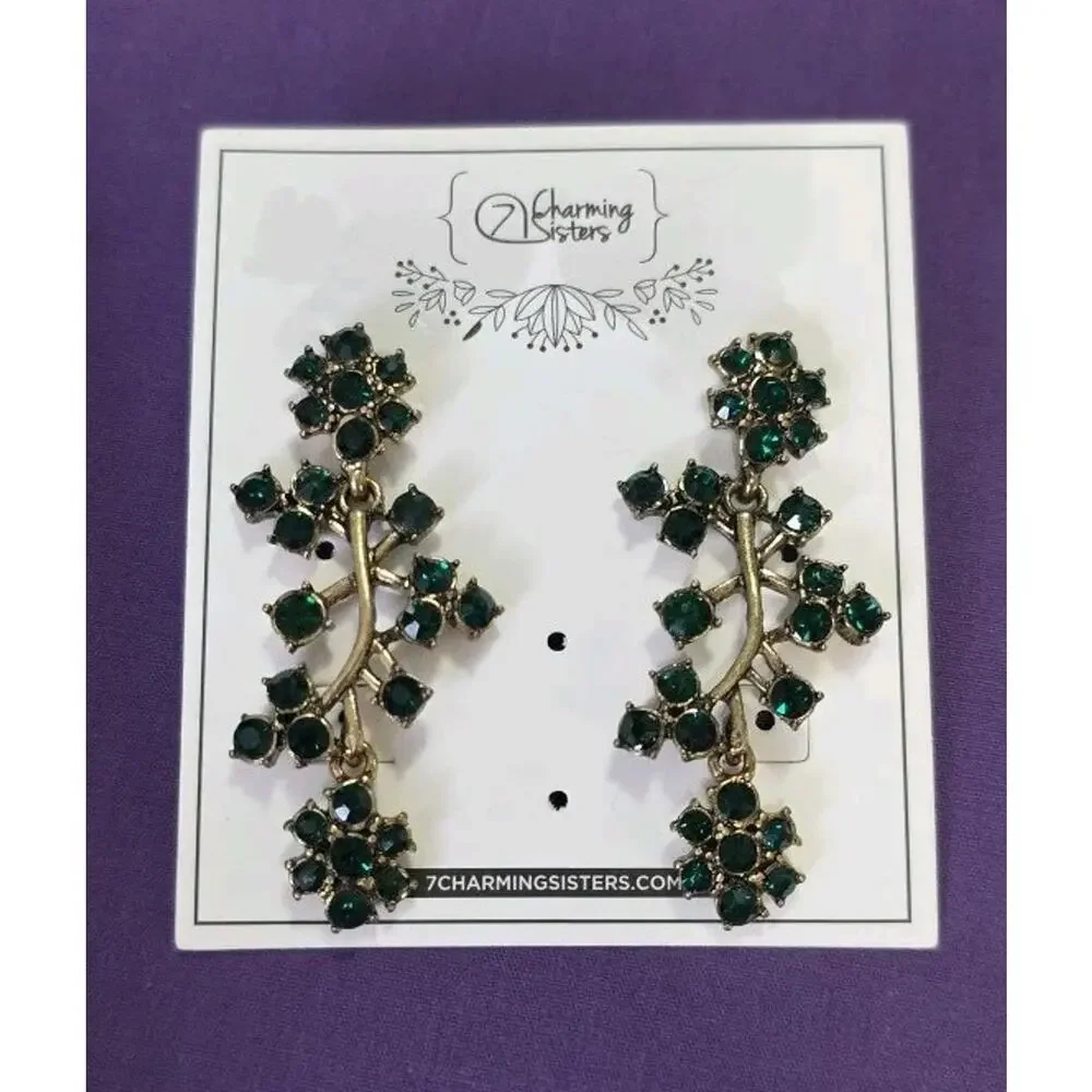 Green Rhinestone Crystal Flower Chandelier Dangle Earrings Antiqued Gold Tone